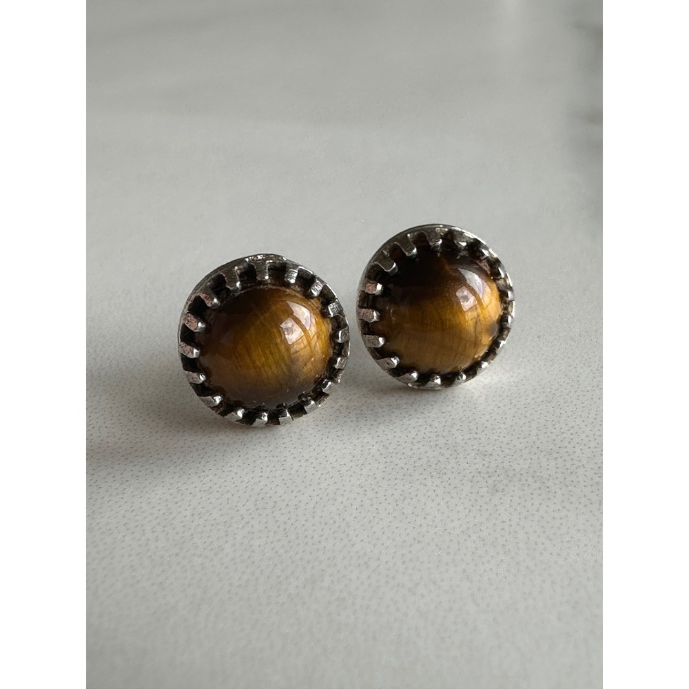 Vintage Tigers Eye Sterling Silver Stud Earrings 14K Gold Posts Crown Bezel 8mm